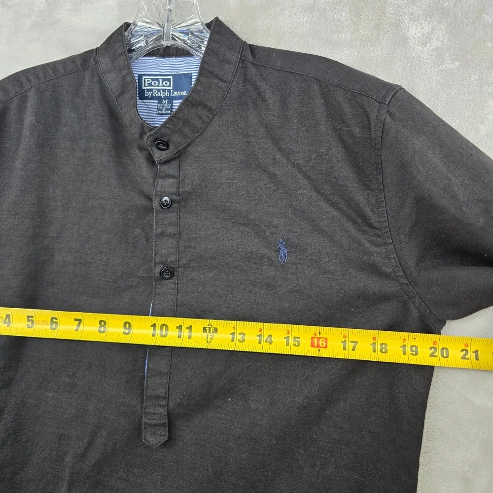Polo Ralph Lauren Popover Shirt Mens M Black Linen Cotton Band Collar Long Slev
